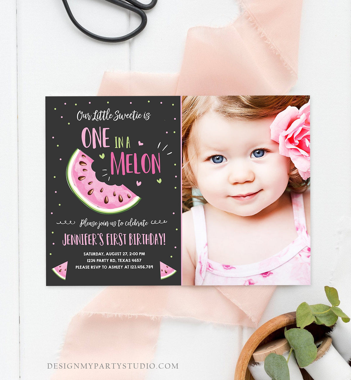 Editable Watermelon Birthday Invitation Girl Pink Red One in a Melon Party Summer Fruit First Birthday 1st Corjl Template Printable 0326