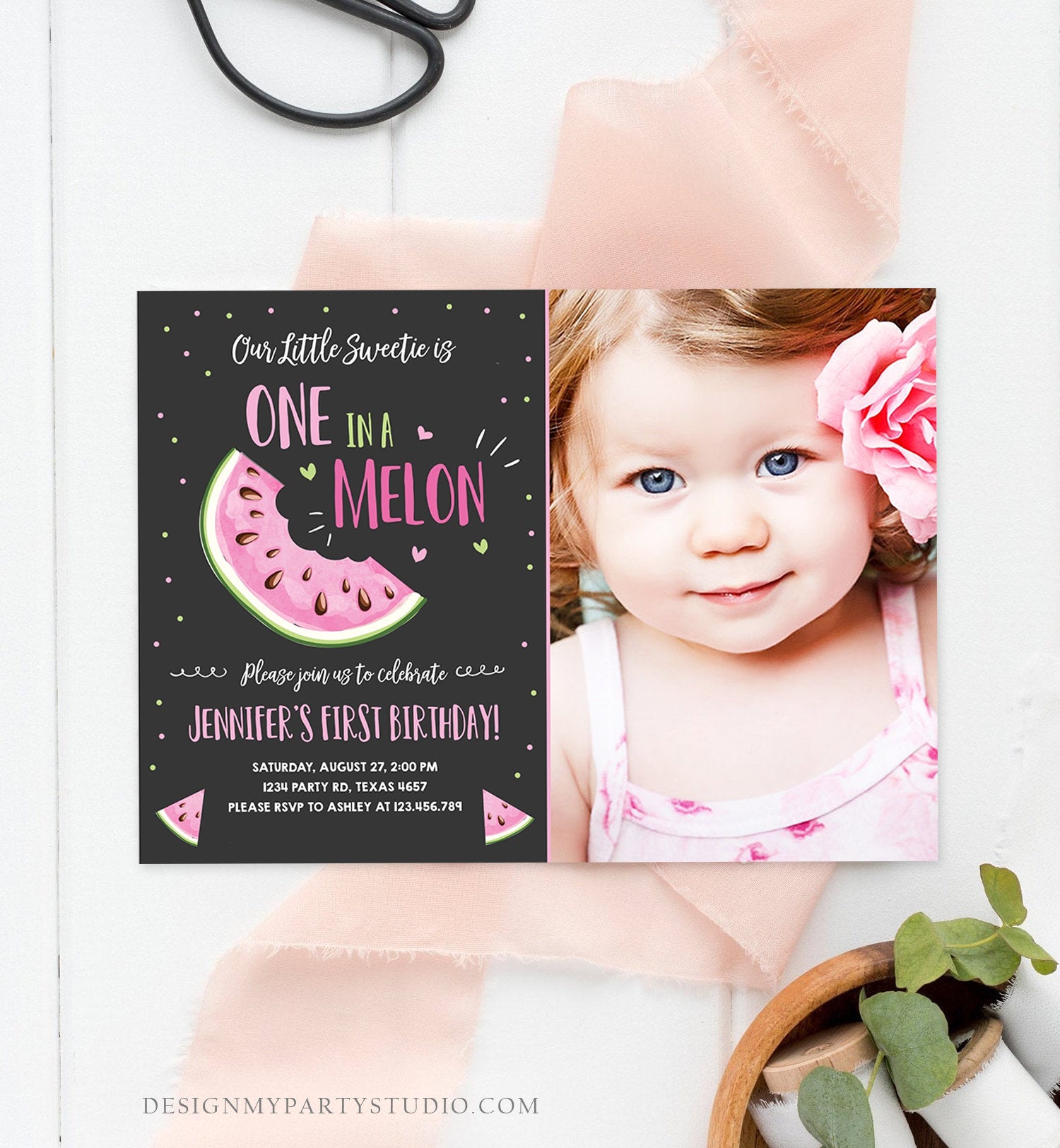Editable Watermelon Birthday Invitation Girl Pink Red One in a Melon Party Summer Fruit First Birthday 1st Corjl Template Printable 0326