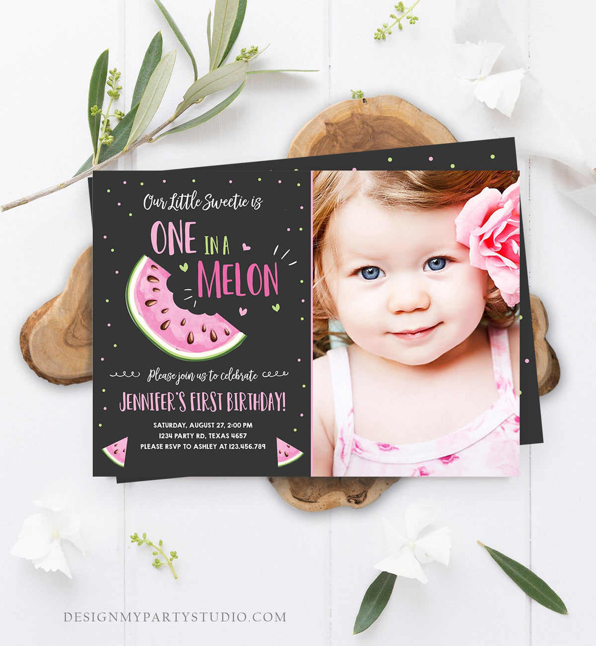 Editable Watermelon Birthday Invitation Girl Pink Red One in a Melon Party Summer Fruit First Birthday 1st Corjl Template Printable 0326