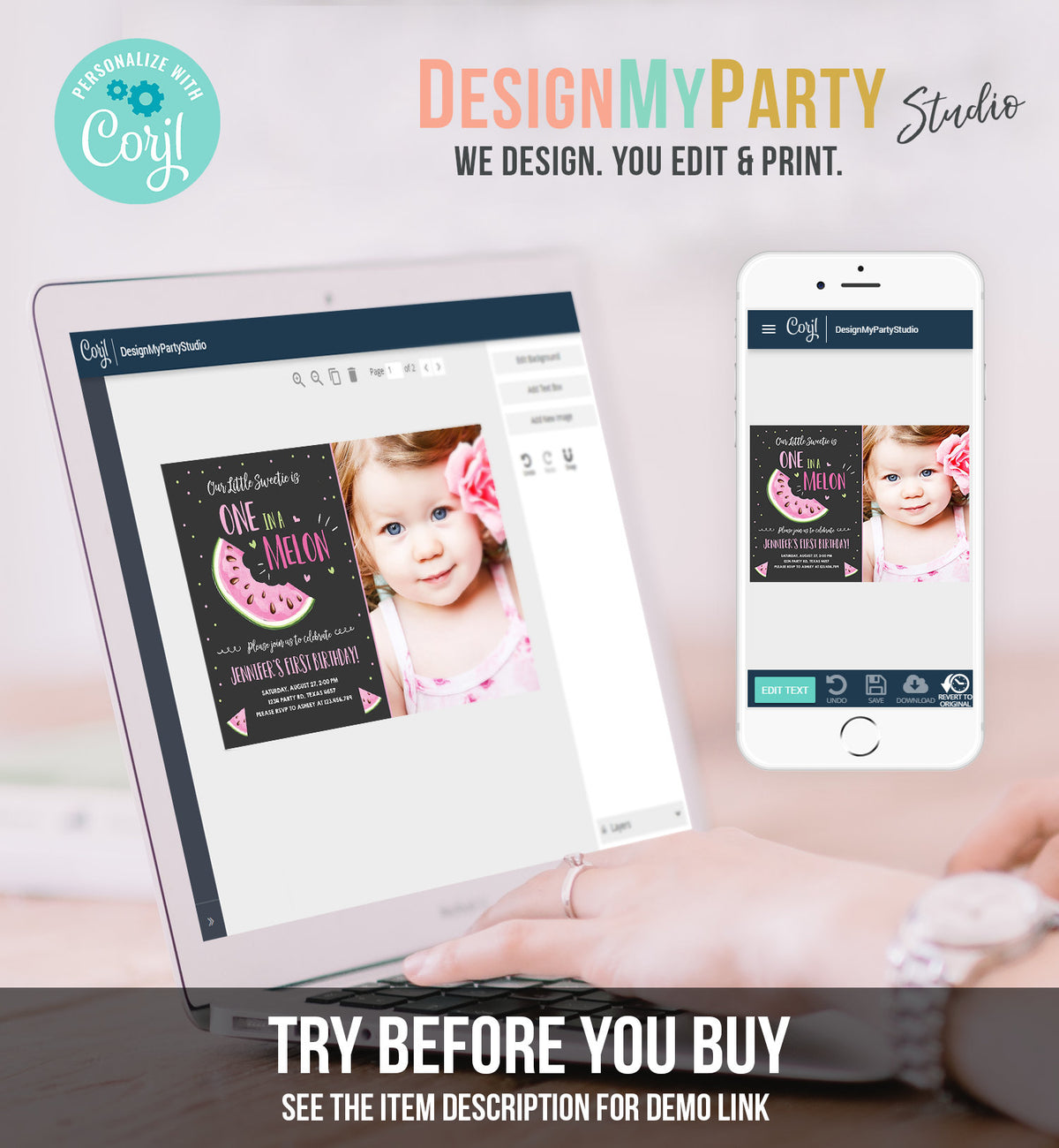 Editable Watermelon Birthday Invitation Girl Pink Red One in a Melon Party Summer Fruit First Birthday 1st Corjl Template Printable 0326