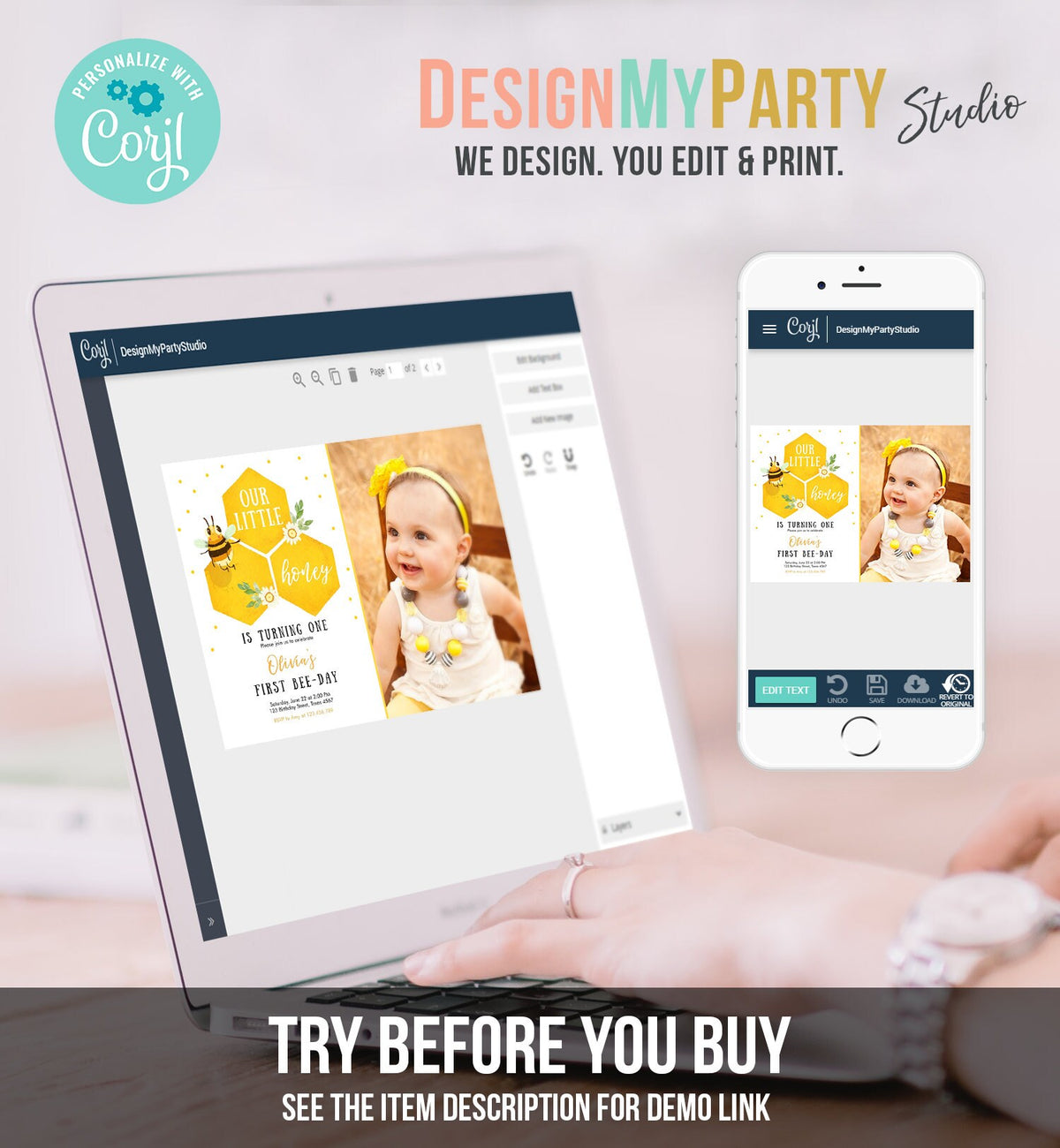 Editable Little Honey Birthday Party Invitation Bee-Day Invite Bee Party Bee Birthday Summer Download Printable Template Digital Corjl 0317