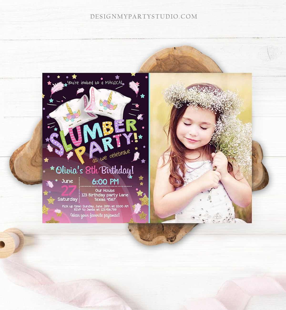 Editable Unicorn Slumber Party Birthday Invitation Sleepover Pyjamas Girl Pink Gold Rainbow Gold Download Printable Corjl Template 0328