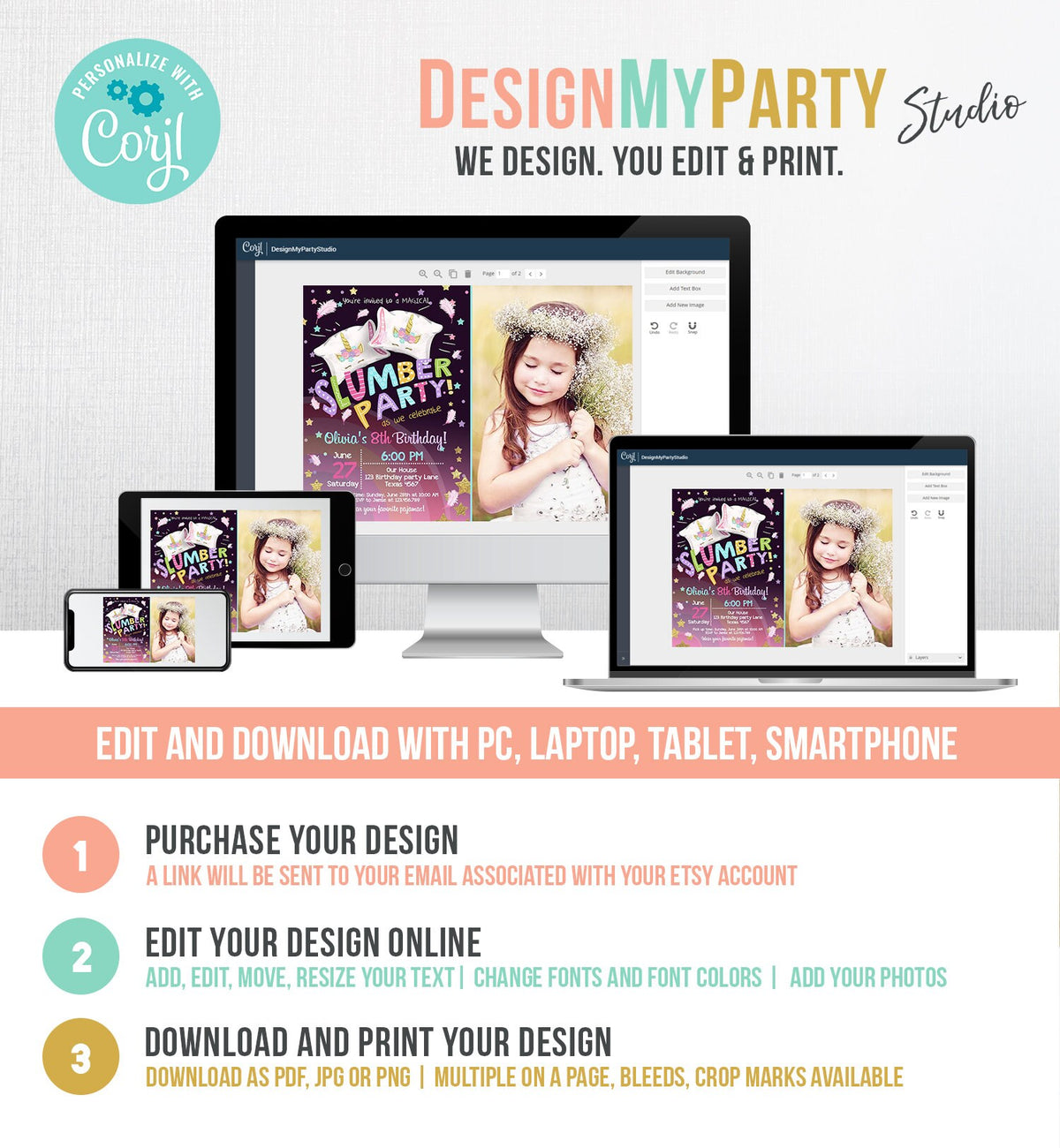 Editable Unicorn Slumber Party Birthday Invitation Sleepover Pyjamas Girl Pink Gold Rainbow Gold Download Printable Corjl Template 0328