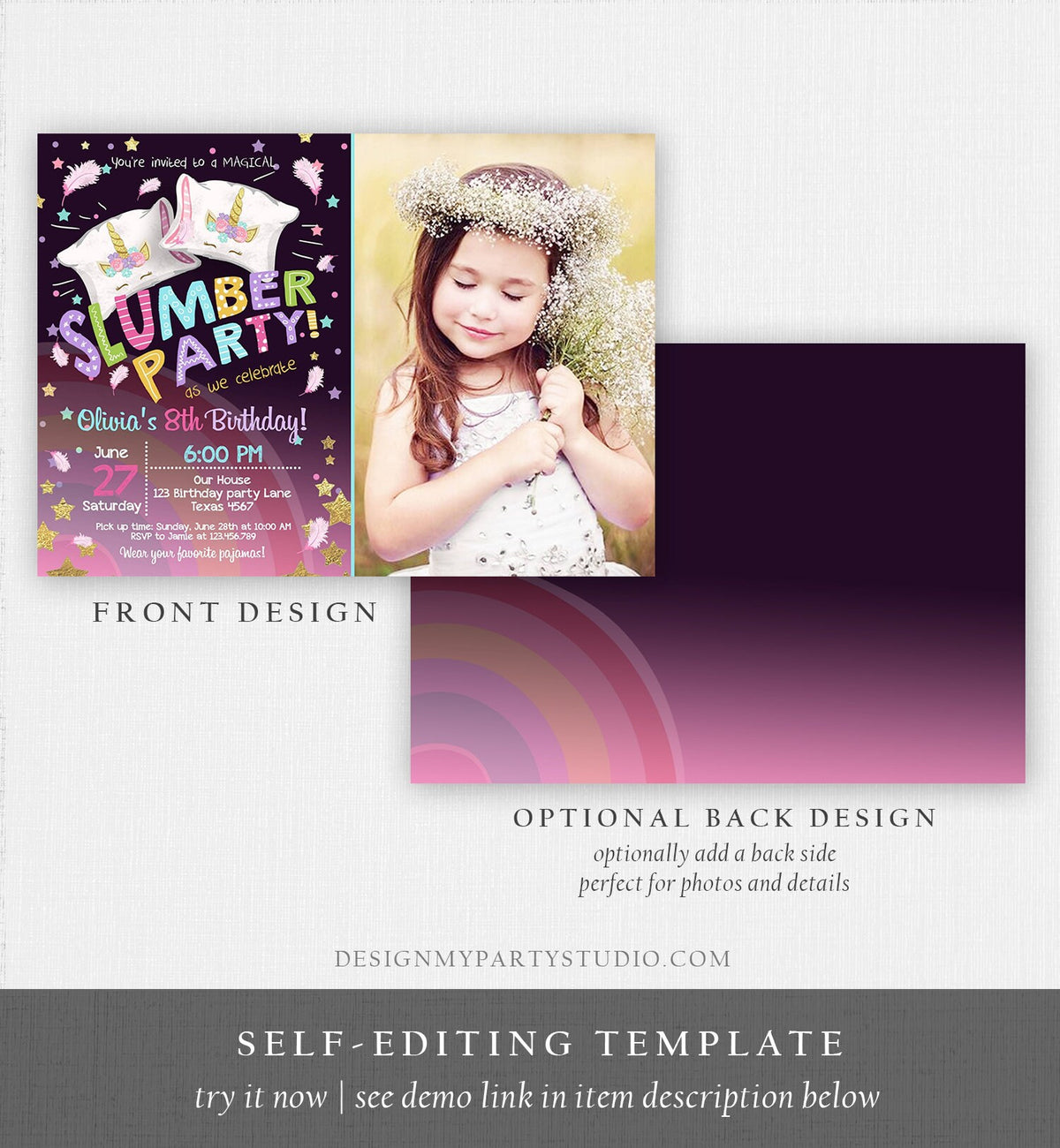 Editable Unicorn Slumber Party Birthday Invitation Sleepover Pyjamas Girl Pink Gold Rainbow Gold Download Printable Corjl Template 0328