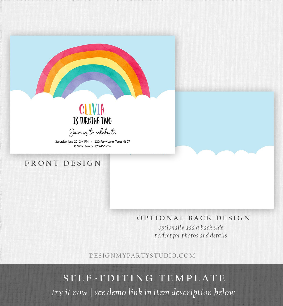 Editable Rainbow Birthday Invitation Kids Girl Boy Neutral Party Clouds Colorful Rainbow Colors Printable Corjl Template Digital 0272