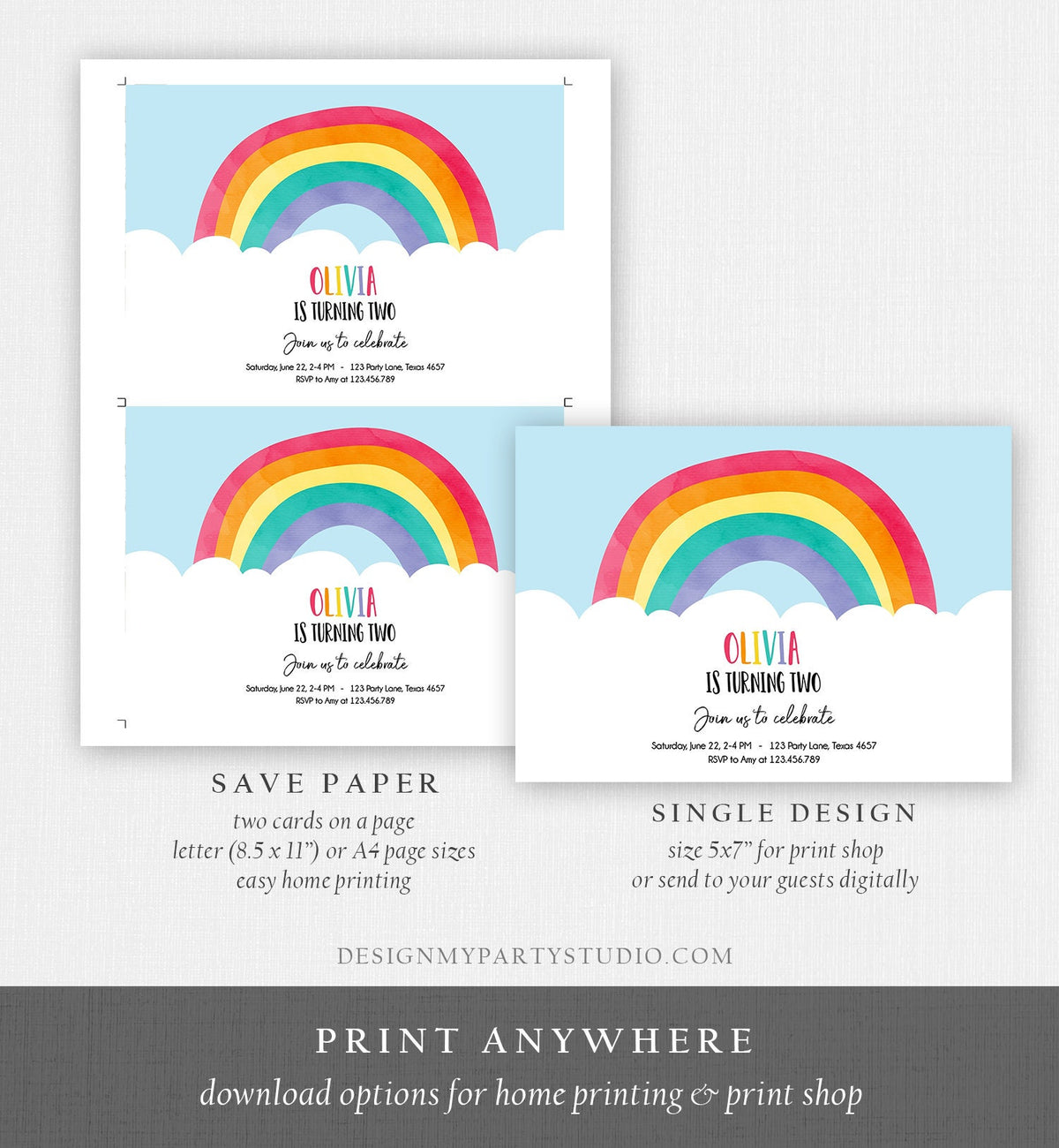 Editable Rainbow Birthday Invitation Kids Girl Boy Neutral Party Clouds Colorful Rainbow Colors Printable Corjl Template Digital 0272