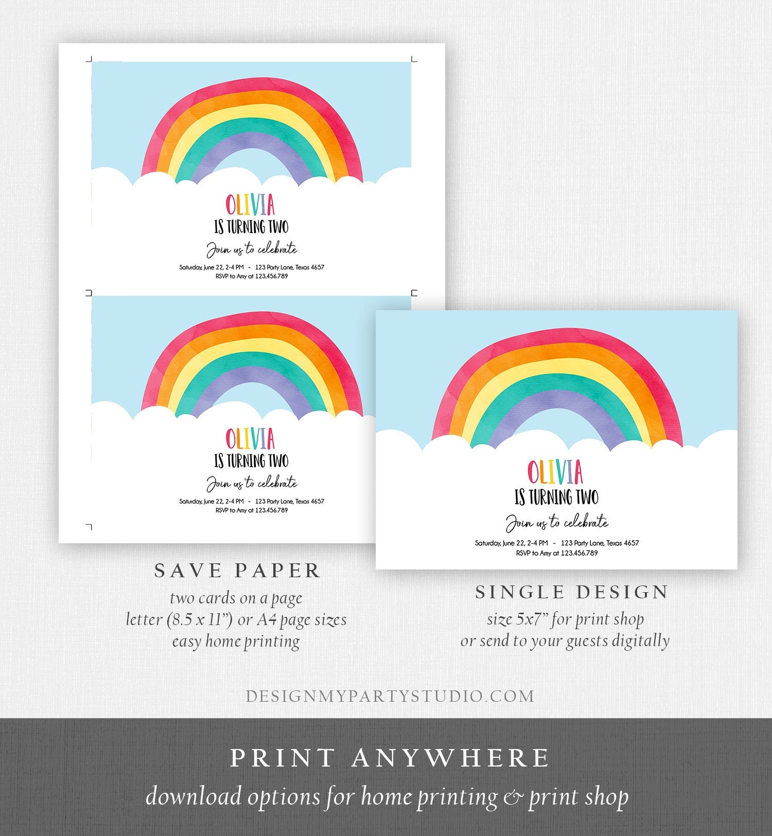 Editable Rainbow Birthday Invitation Kids Girl Boy Neutral Party Clouds Colorful Rainbow Colors Printable Corjl Template Digital 0272