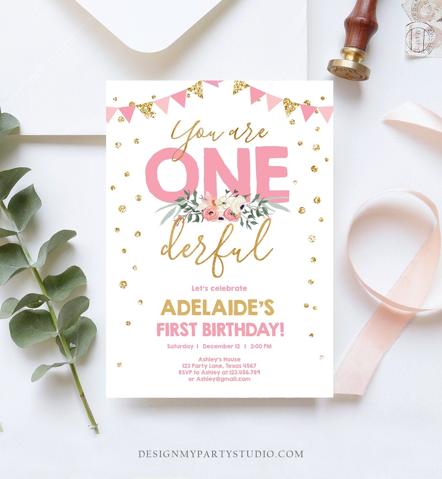 Editable Onederful Birthday Invitation Girl First Birthday Party Miss Onederful Pink Gold Glitter 1st Download Corjl Template Printable 0165