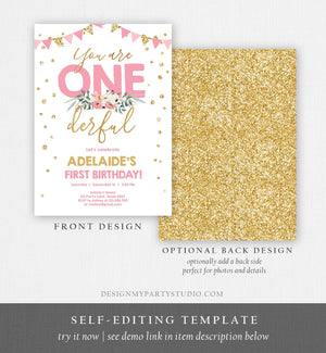 Editable Onederful Birthday Invitation Girl First Birthday Party Miss Onederful Pink Gold Glitter 1st Download Corjl Template Printable 0165