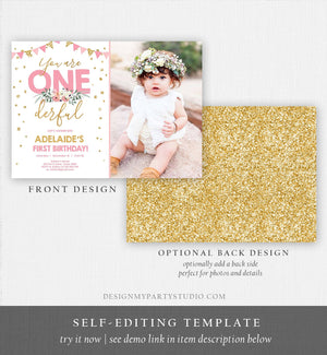 Editable Onederful Birthday Invitation Girl First Birthday Party Miss Onederful Pink Gold Glitter 1st Download Corjl Template Printable 0165