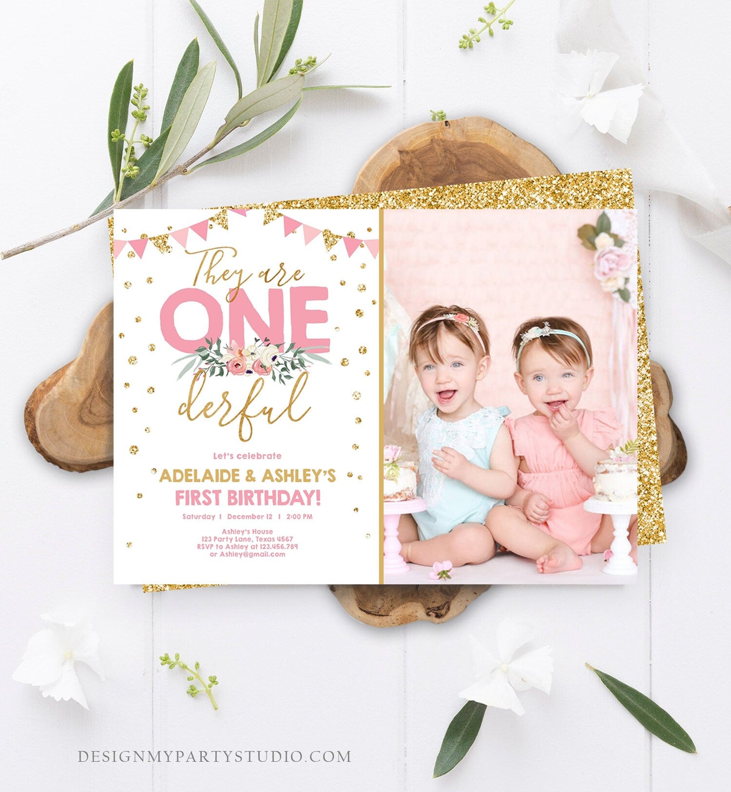Editable Onederful Birthday Invitation Girls First Birthday Party They Are Onederful Pink Gold 1st Download Corjl Template Printable 0165