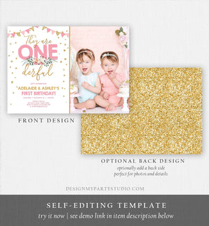 Editable Onederful Birthday Invitation Girls First Birthday Party They Are Onederful Pink Gold 1st Download Corjl Template Printable 0165