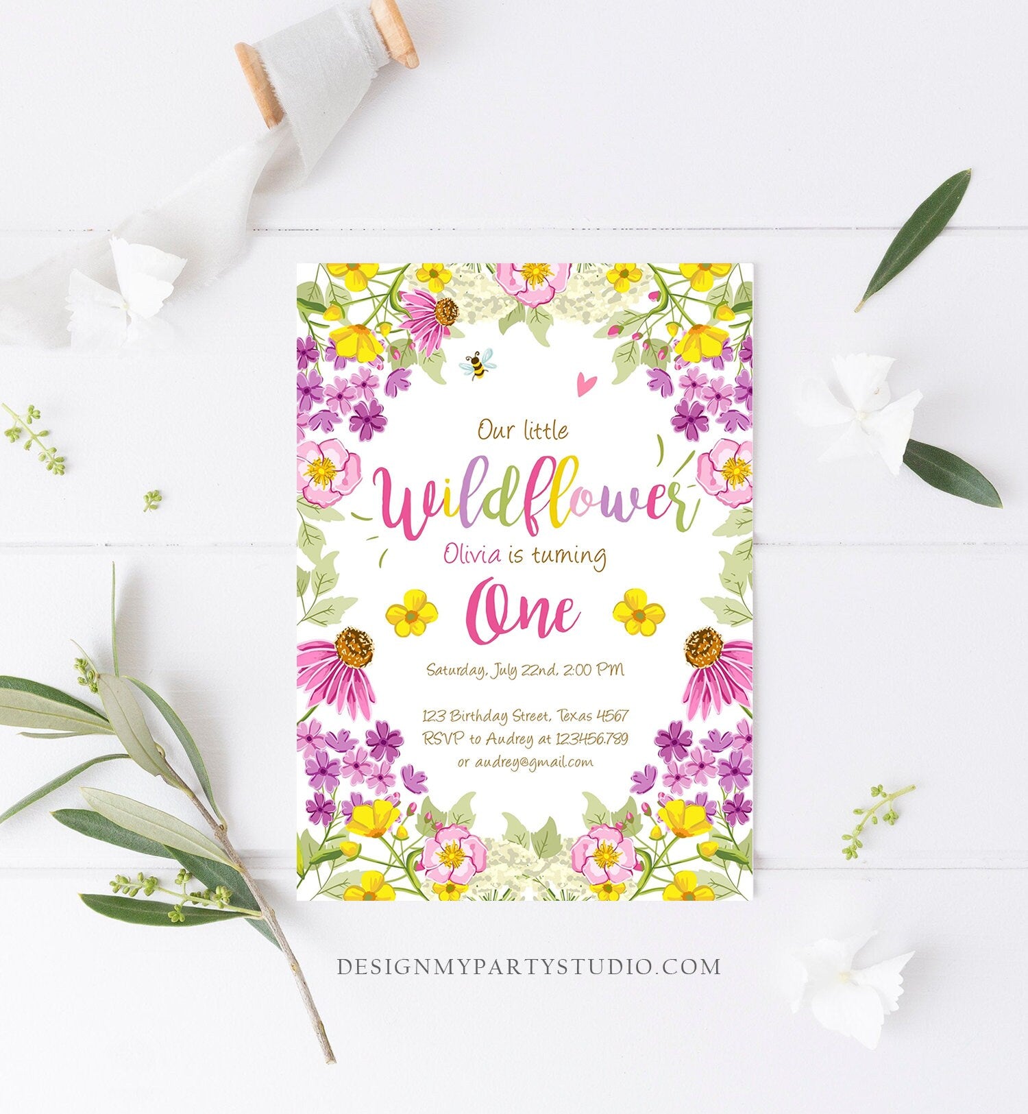 Editable Little Wildflower Birthday Invitation ANY AGE Floral Wild Flower Pink Girl First Birthday 1st Corjl Template Printable 0217