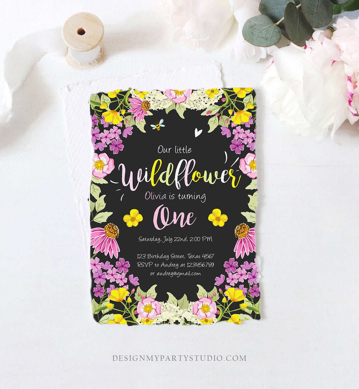 Editable Little Wildflower Birthday Invitation ANY AGE Floral Wild Flower Pink Girl First Birthday 1st Corjl Template Printable 0217