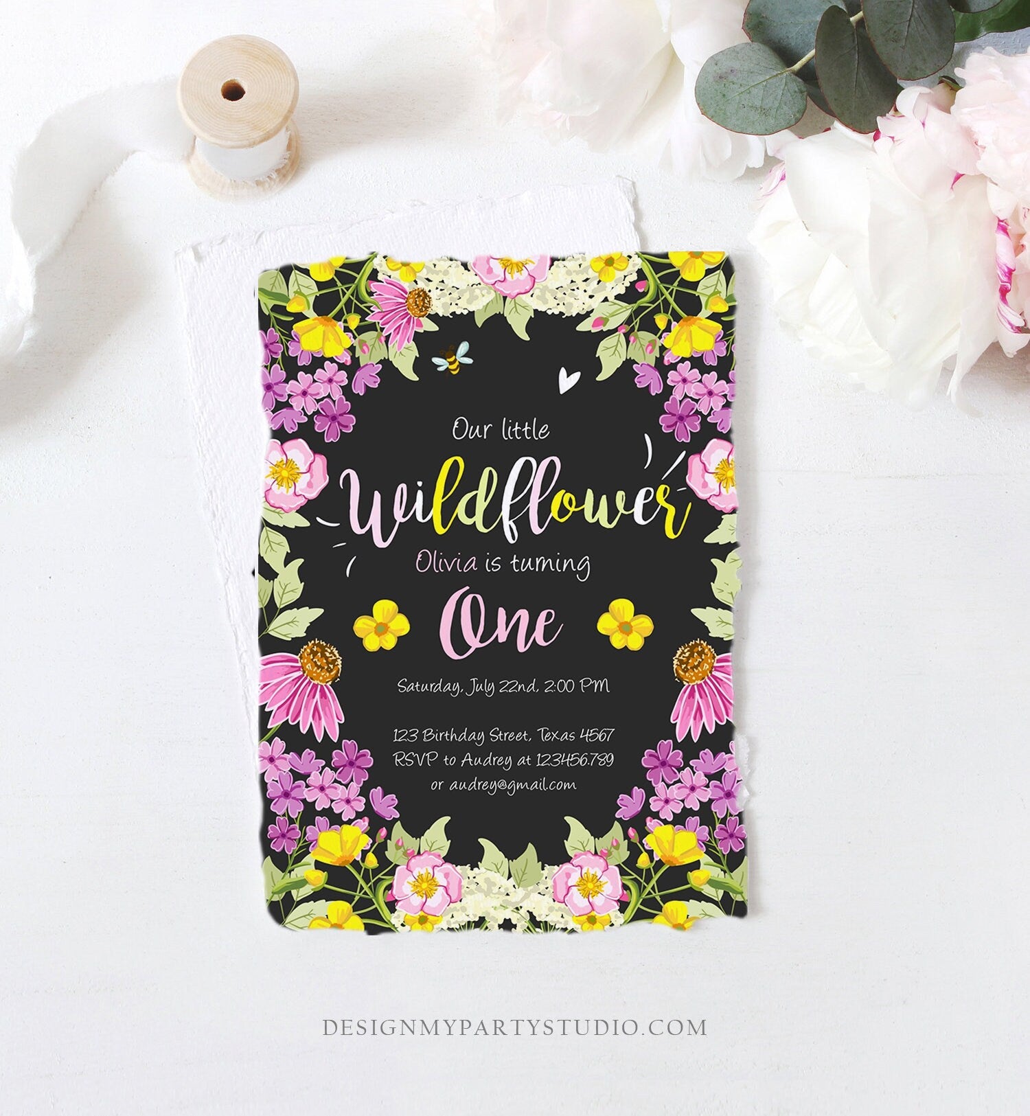 Editable Little Wildflower Birthday Invitation ANY AGE Floral Wild Flower Pink Girl First Birthday 1st Corjl Template Printable 0217