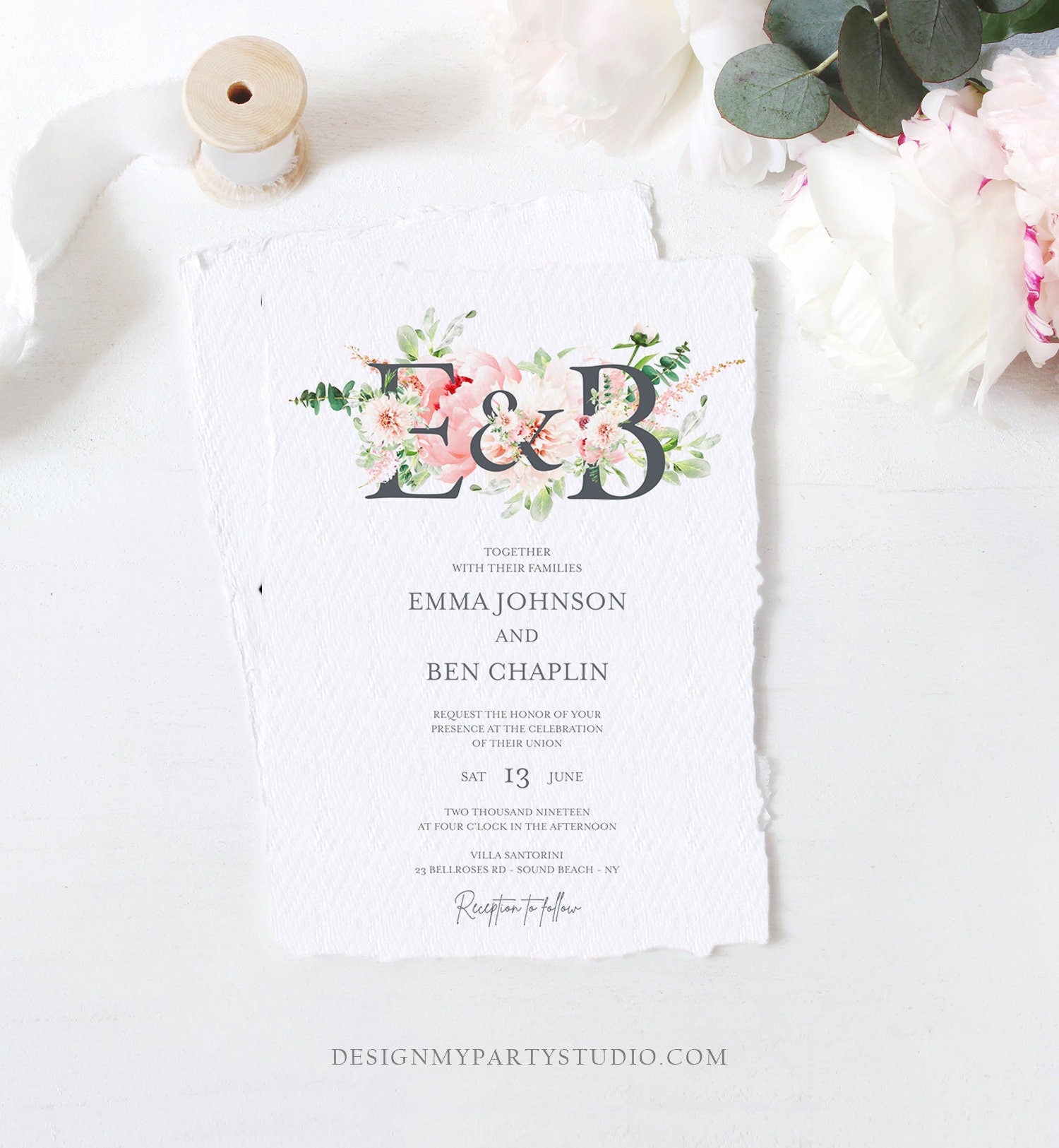 Editable Monogram Botanical Flowers Wedding Invitation Template Floral Greenery Spring Pink Peony Colors Digital Printable Corjl 0167