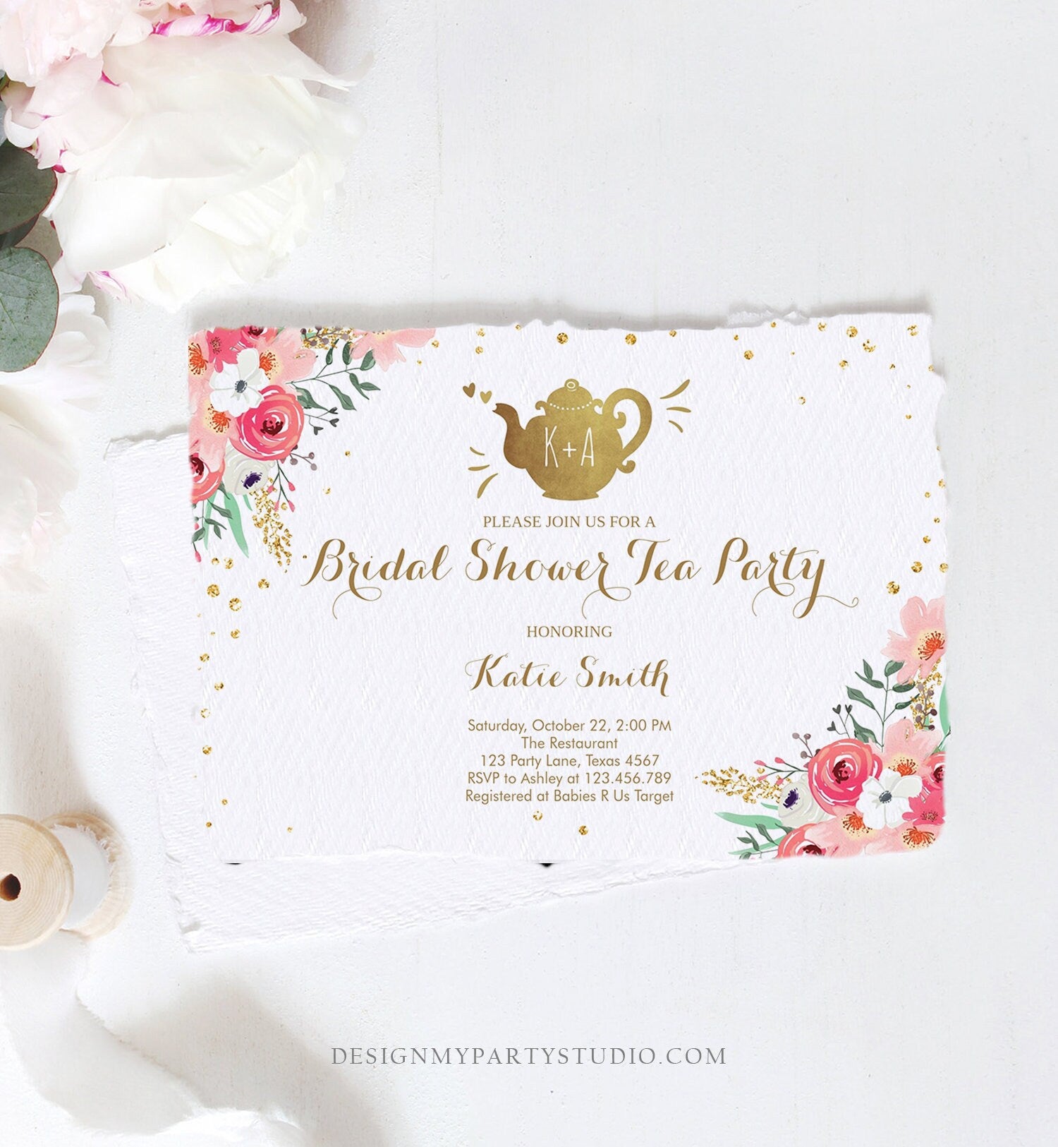 Editable Bridal Shower Tea Party Invitation Floral Tea pot Invite Pink and Gold Wedding Luncheon Download Printable Template Corjl Digital