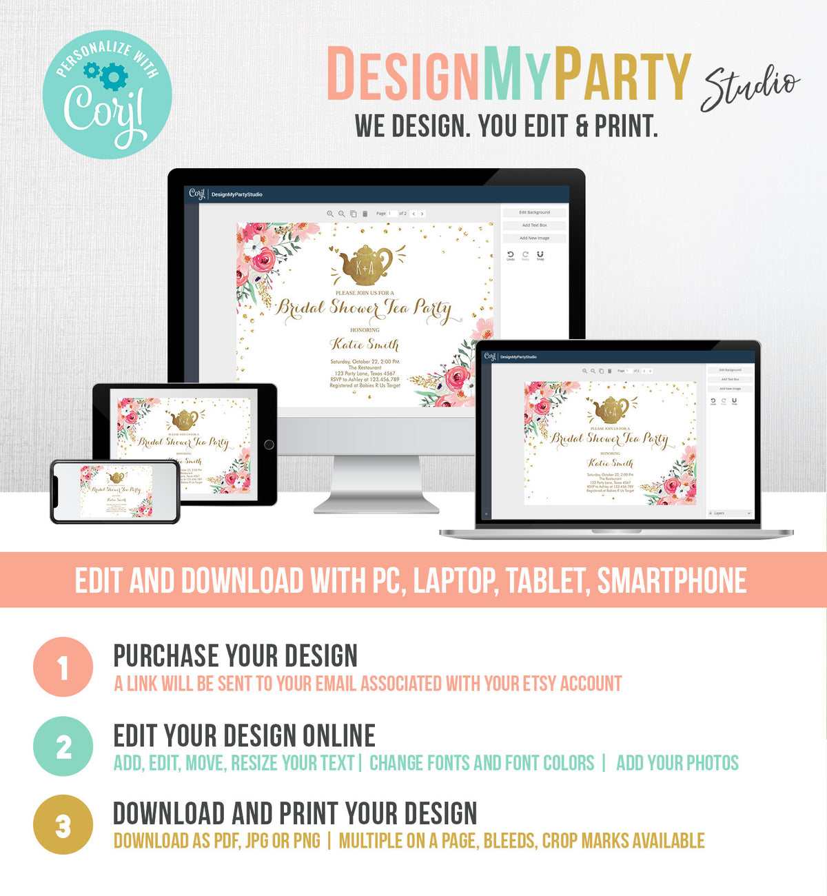 Editable Bridal Shower Tea Party Invitation Floral Tea pot Invite Pink and Gold Wedding Luncheon Download Printable Template Corjl Digital