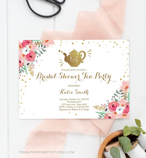 Editable Bridal Shower Tea Party Invitation Floral Tea pot Invite Pink and Gold Wedding Luncheon Download Printable Template Corjl Digital