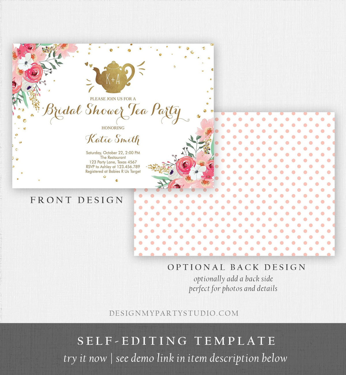 Editable Bridal Shower Tea Party Invitation Floral Tea pot Invite Pink and Gold Wedding Luncheon Download Printable Template Corjl Digital