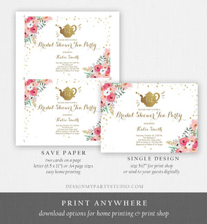 Editable Bridal Shower Tea Party Invitation Floral Tea pot Invite Pink and Gold Wedding Luncheon Download Printable Template Corjl Digital