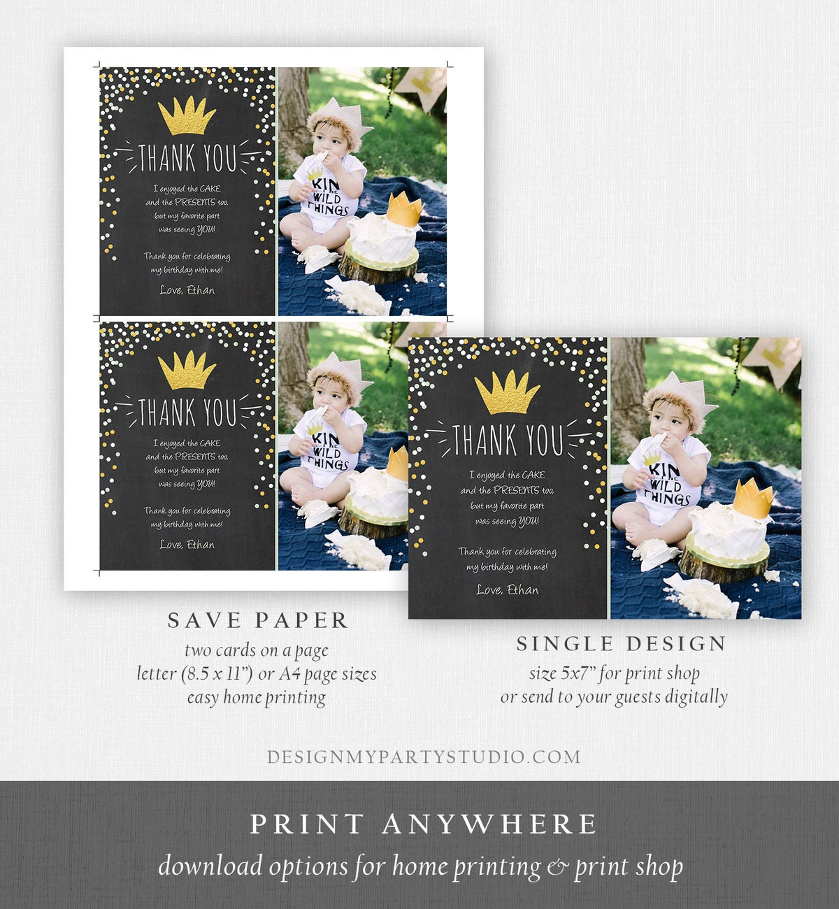 Editable Thank You Card Wild One Thank you Note Black Gold Crown Wild Things Boy Birthday Download Printable Template Corjl Digital 0099