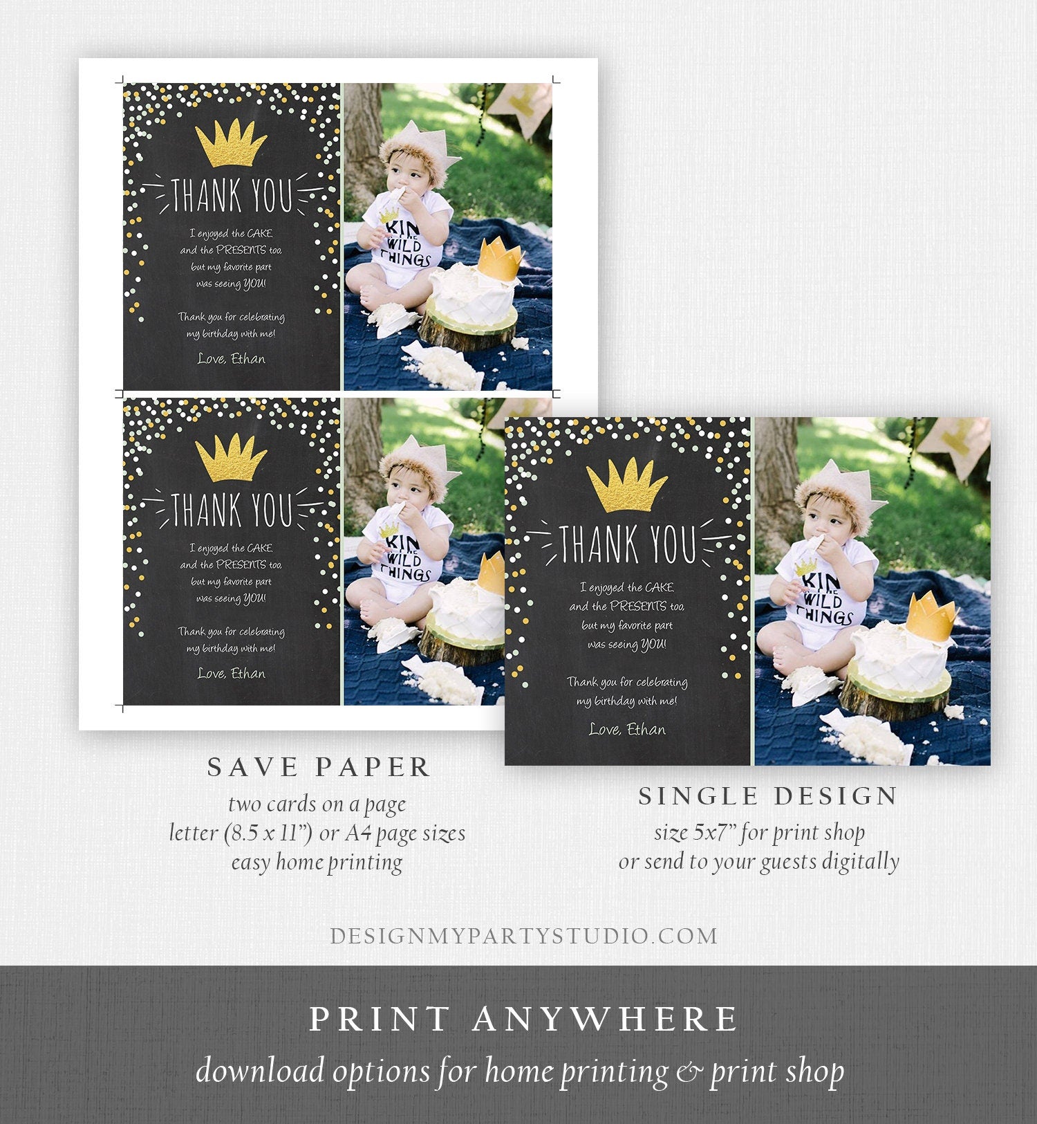 Editable Thank You Card Wild One Thank you Note Black Gold Crown Wild Things Boy Birthday Download Printable Template Corjl Digital 0099