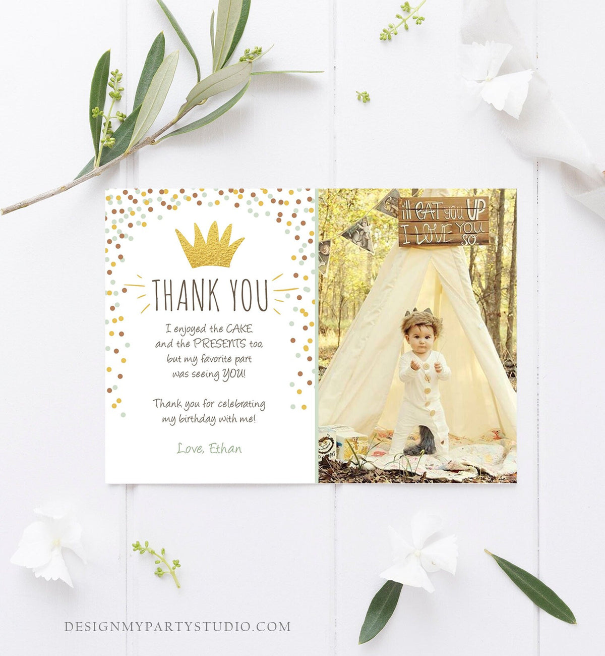 Editable Thank You Card Wild One Thank you Note Simple Gold Crown Wild Things Boy Birthday Download Printable Template Corjl Digital 0099