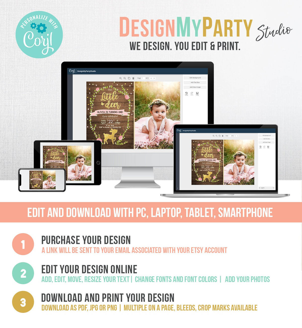 Editable Our Little Deer Birthday Invitation Pink and Gold Girl Birthday Floral Woodland Download Printable Template Corjl Digital 0085