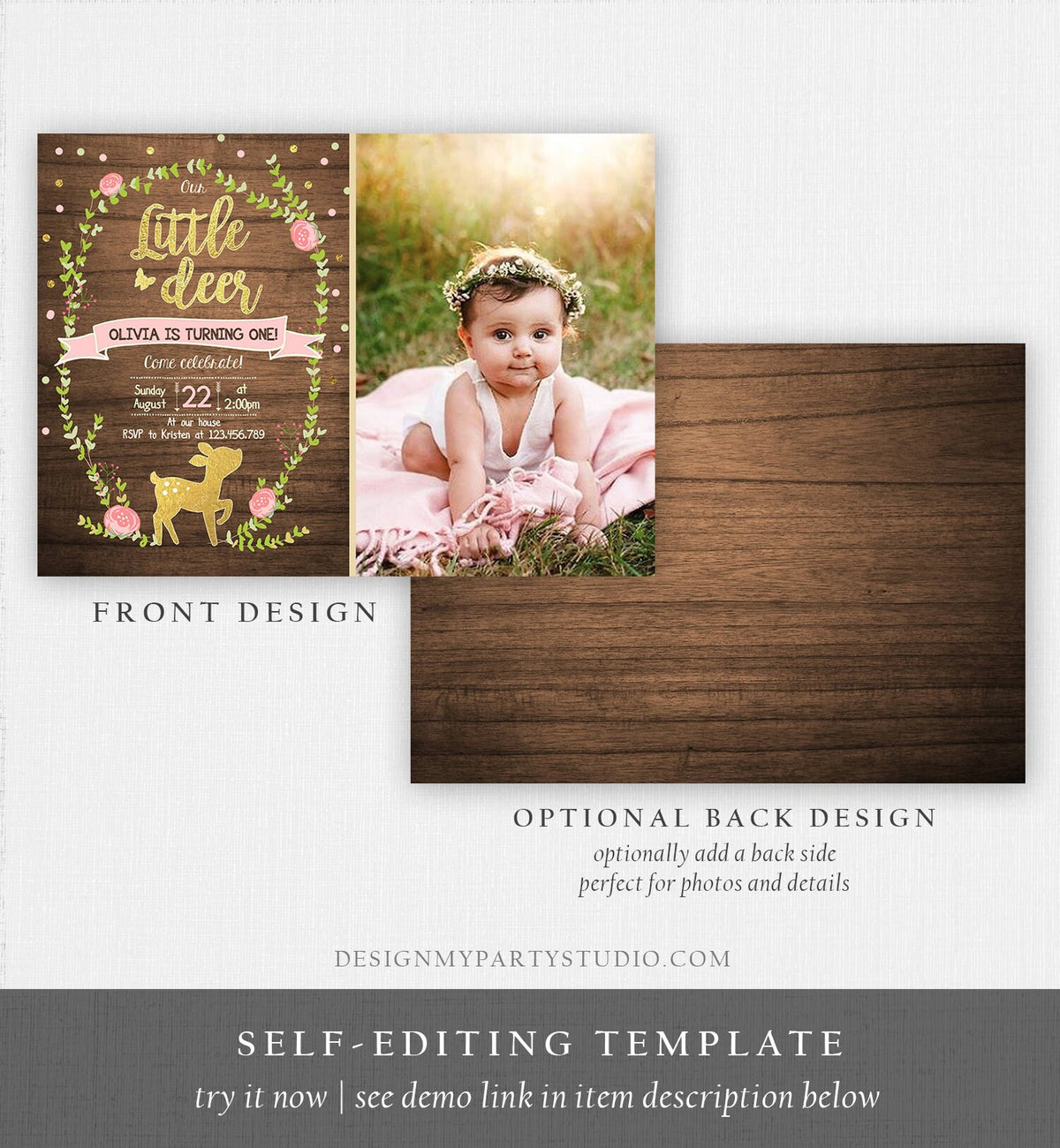 Editable Our Little Deer Birthday Invitation Pink and Gold Girl Birthday Floral Woodland Download Printable Template Corjl Digital 0085