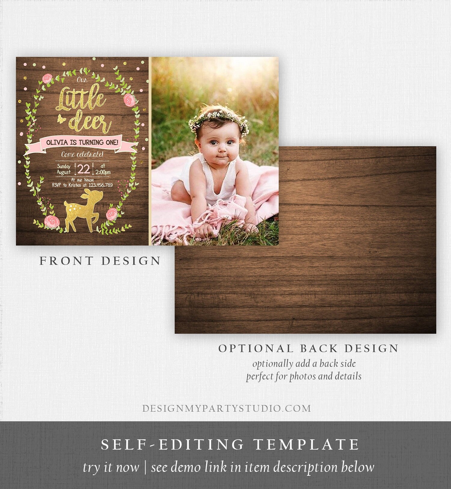 Editable Our Little Deer Birthday Invitation Pink and Gold Girl Birthday Floral Woodland Download Printable Template Corjl Digital 0085