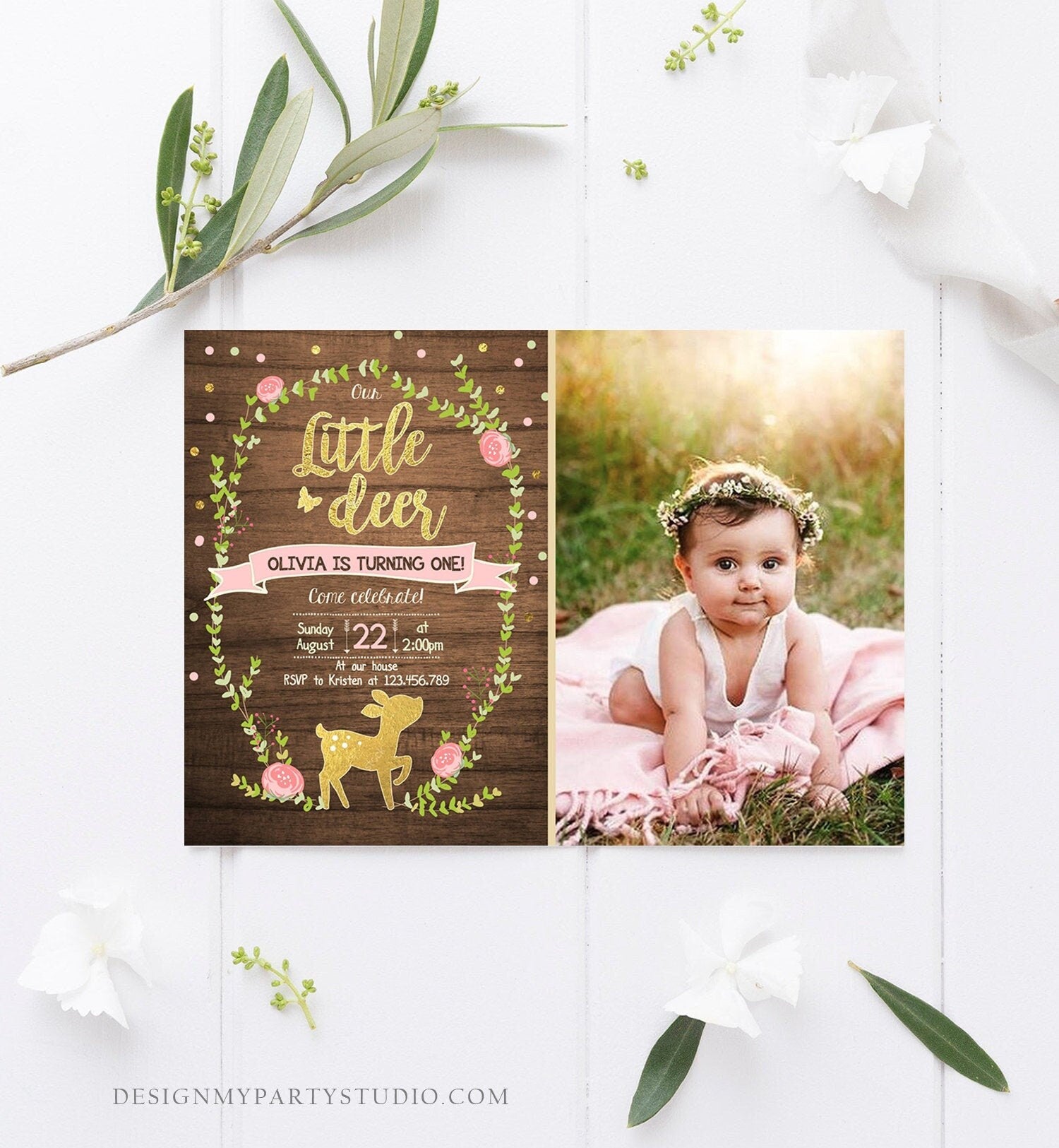 Editable Our Little Deer Birthday Invitation Pink and Gold Girl Birthday Floral Woodland Download Printable Template Corjl Digital 0085