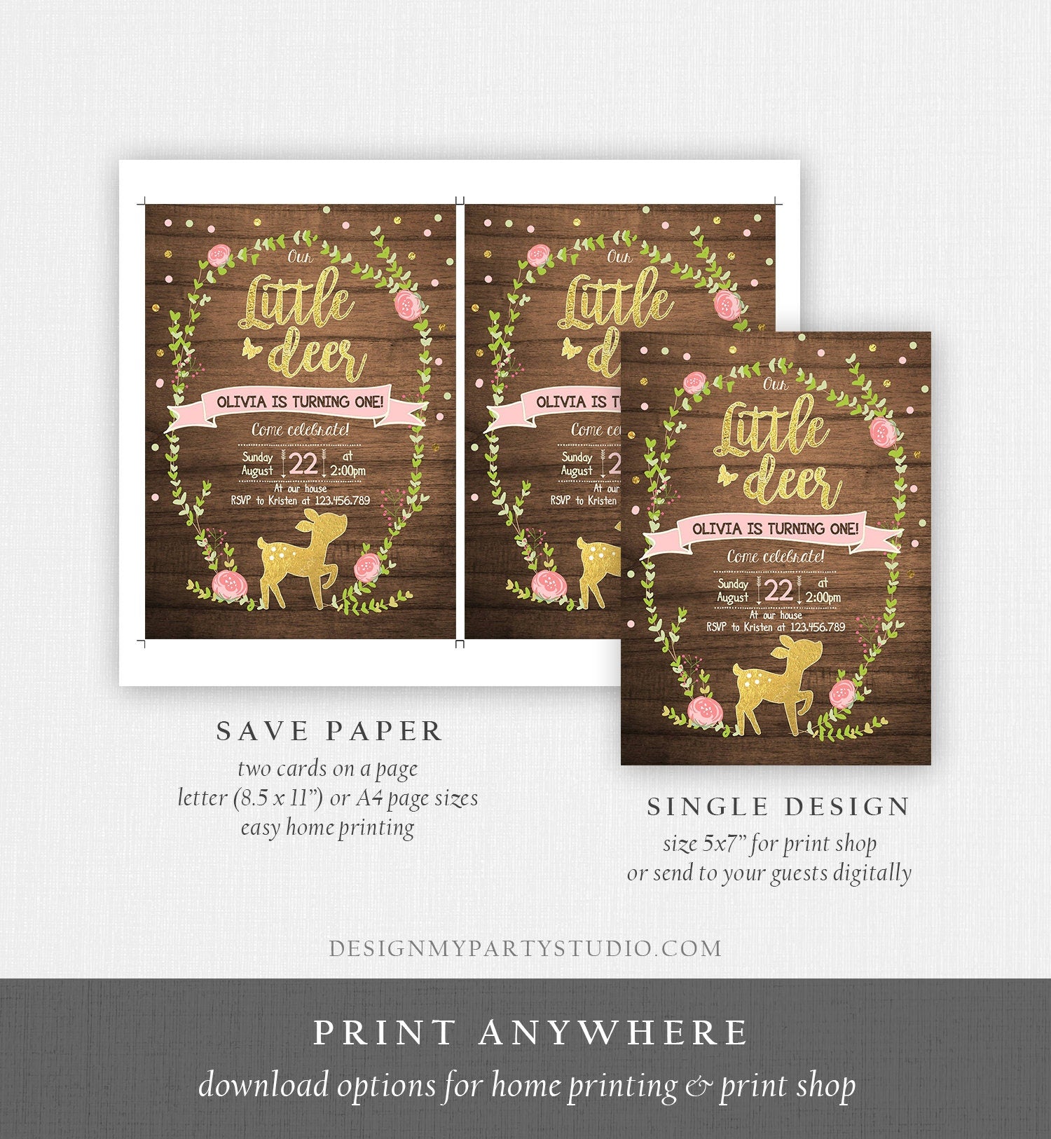 Editable Our Little Deer Birthday Invitation Pink and Gold Girl Birthday Floral Woodland Download Printable Template Corjl Digital 0085