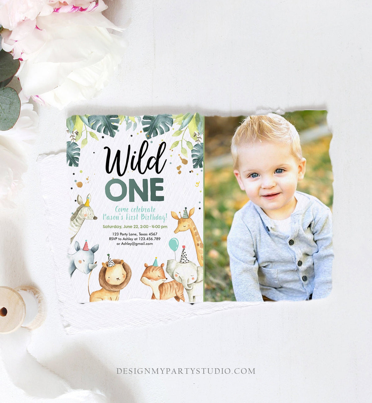 Editable Wild One Birthday Invitation Boy Safari Animals Green Gold Party Animals First Birthday 1st Download Template Corjl Printable 0163