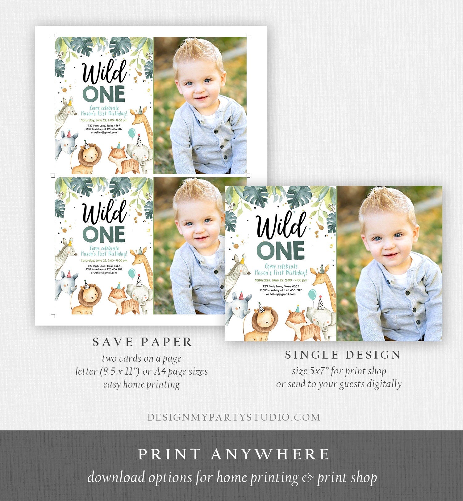 Editable Wild One Birthday Invitation Boy Safari Animals Green Gold Party Animals First Birthday 1st Download Template Corjl Printable 0163