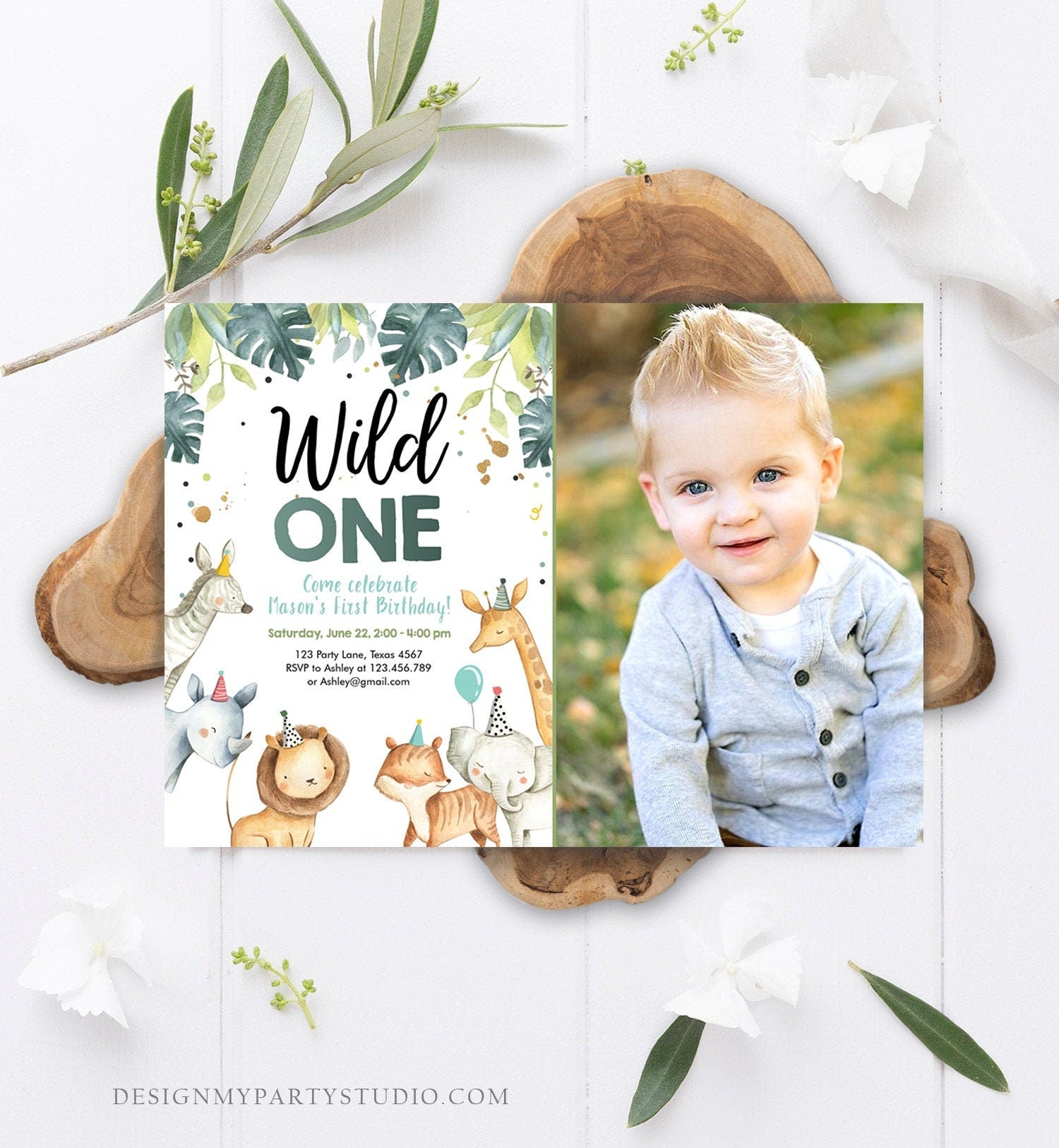Editable Wild One Birthday Invitation Boy Safari Animals Green Gold Party Animals First Birthday 1st Download Template Corjl Printable 0163