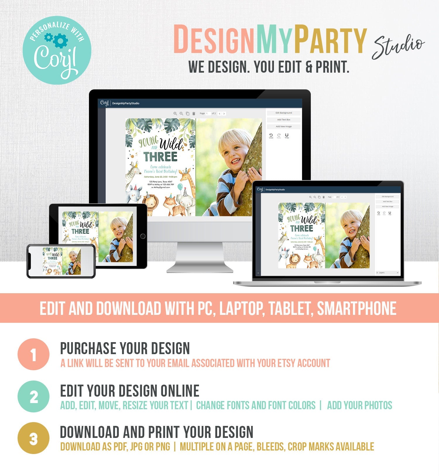 Editable Young Wild and Three Birthday Invitation Boy Safari Animals Green Party Animals Third Birthday 3rd Template Corjl Printable 0163