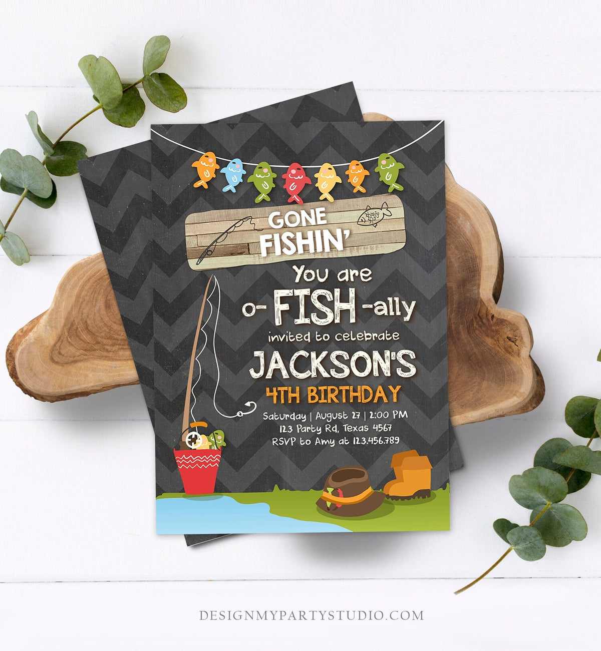 Editable Fishing Birthday Invitation Boy o-Fish-Ally Reeling the Big One Gone Fishing Fishin Digital Download Corjl Template Printable 0080