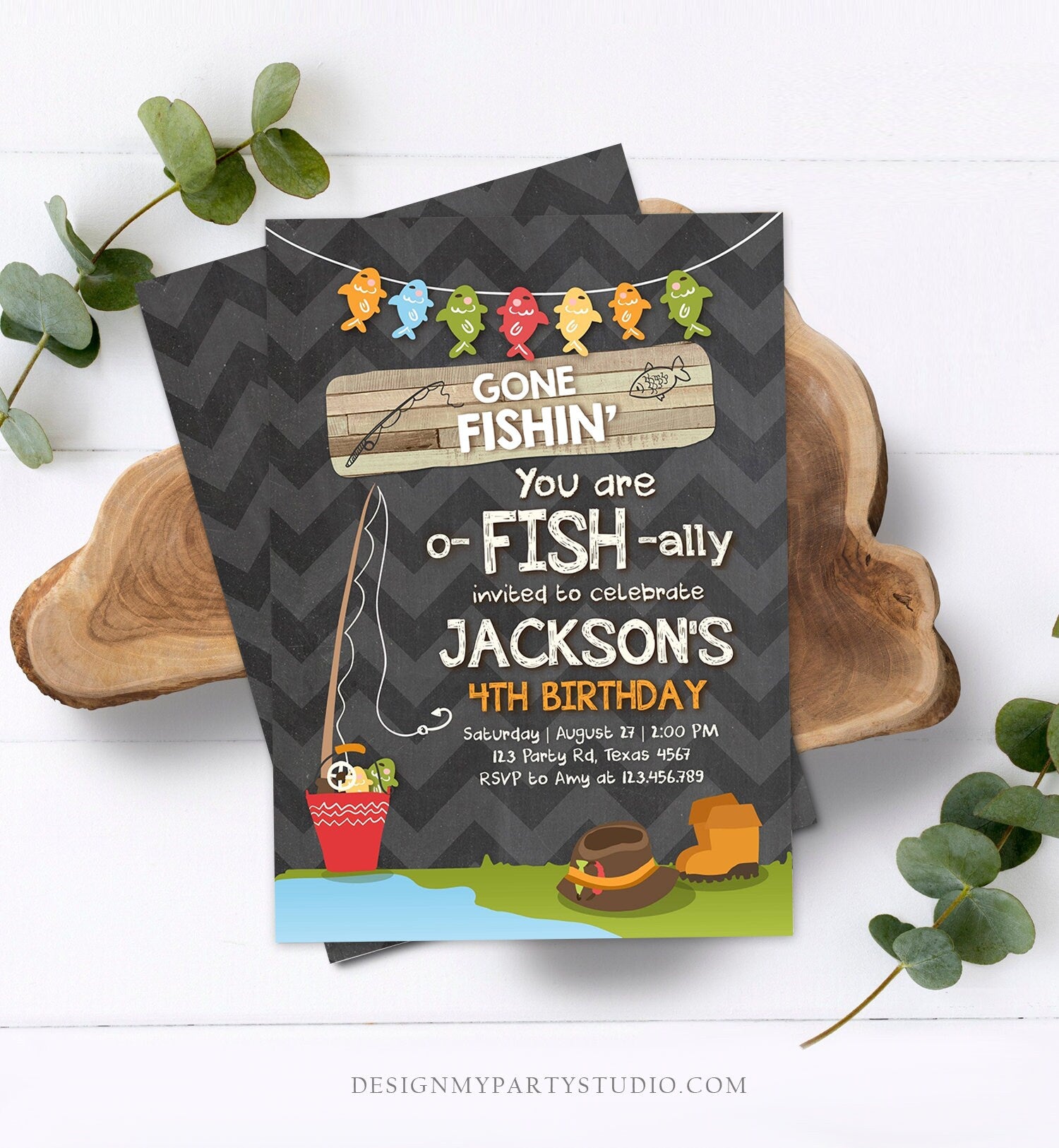 Editable Fishing Birthday Invitation Boy o-Fish-Ally Reeling the Big One Gone Fishing Fishin Digital Download Corjl Template Printable 0080