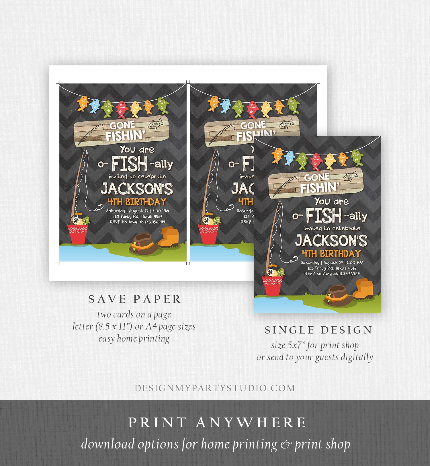 Editable Fishing Birthday Invitation Boy o-Fish-Ally Reeling the Big One Gone Fishing Fishin Digital Download Corjl Template Printable 0080