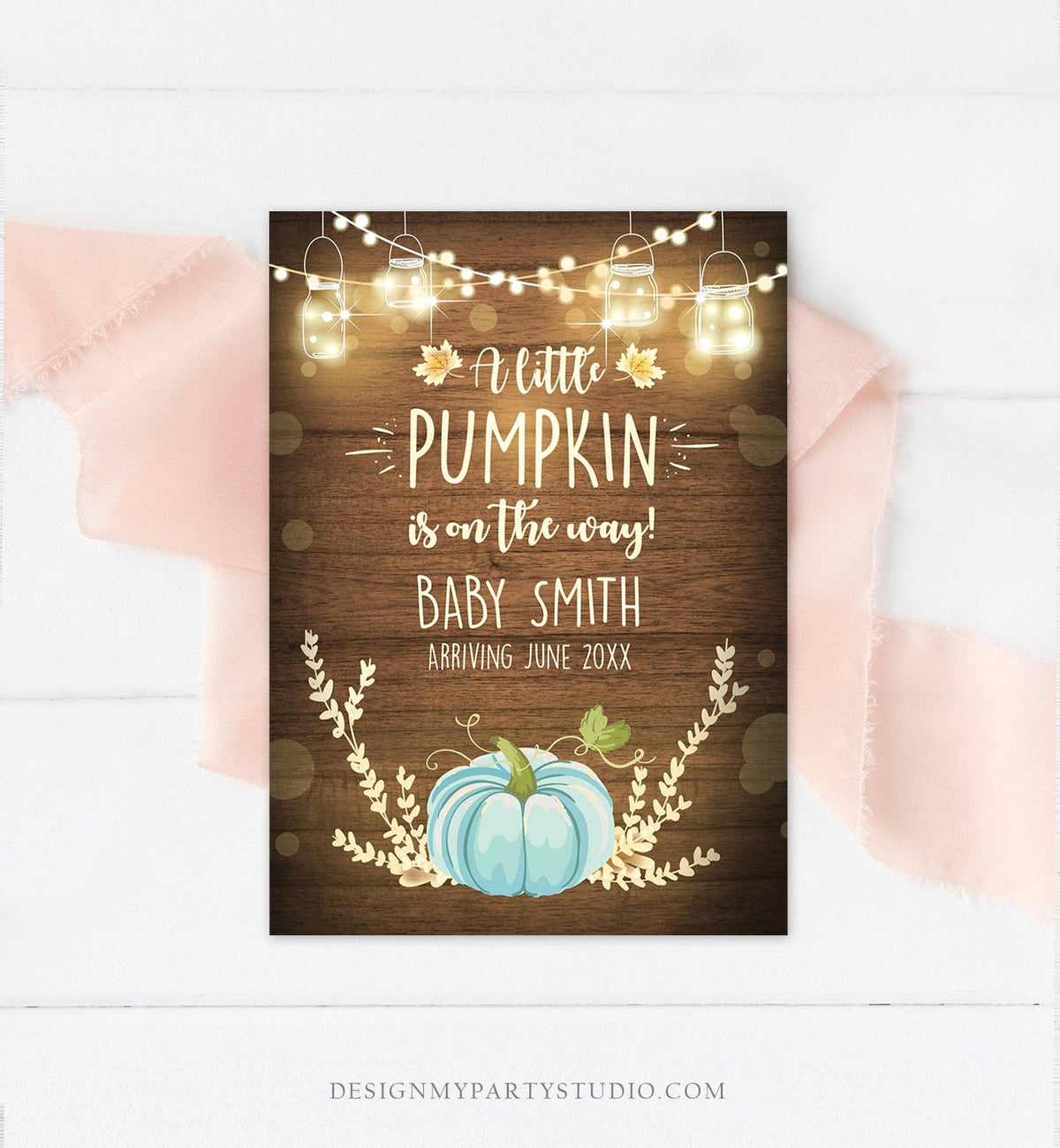 Editable Pumpkin Pregnancy Announcement Little Pumpkin On The Way Fall Wood Autumn Baby Boy Blue Arriving Corjl Template Printable 0015