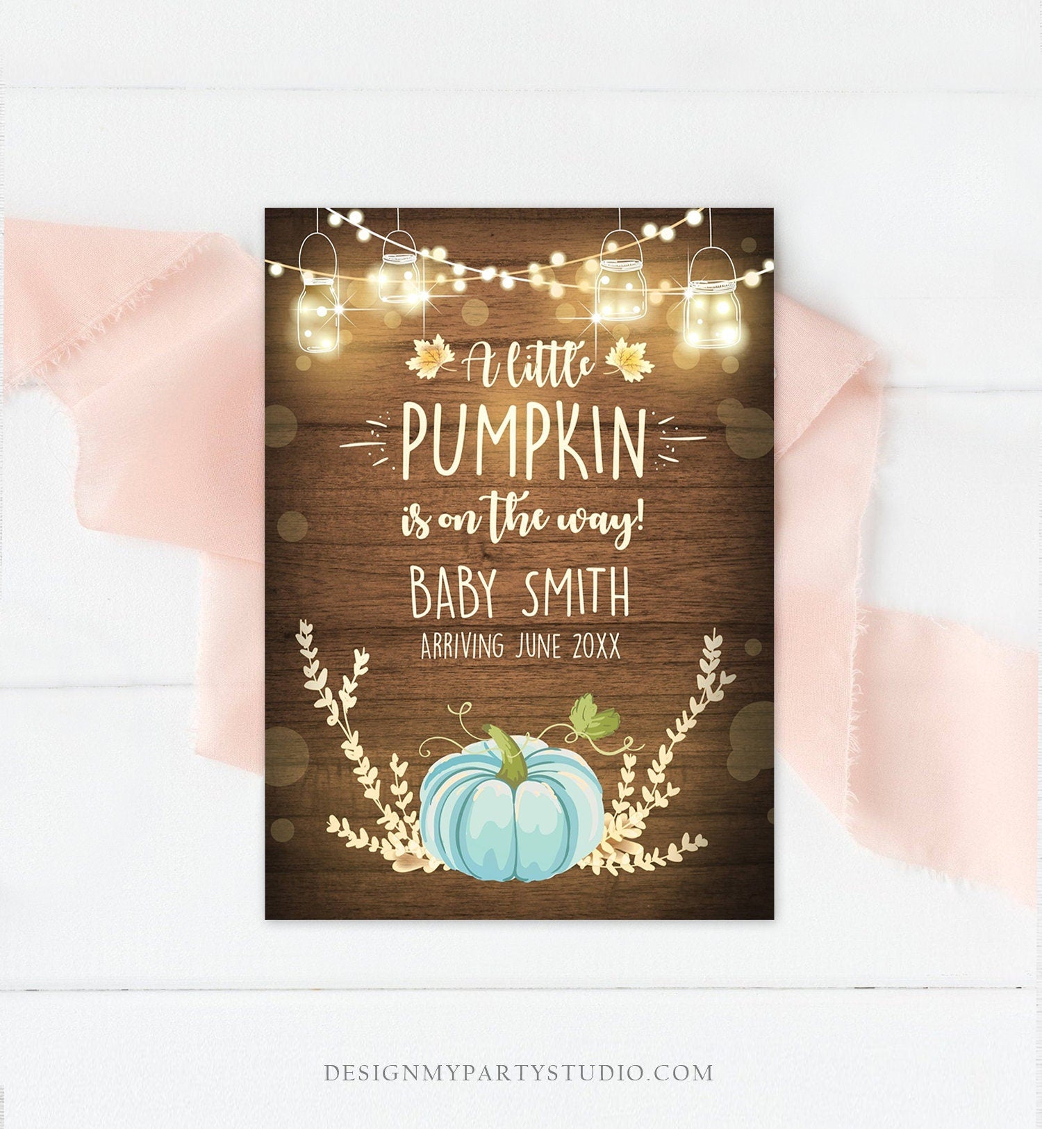 Editable Pumpkin Pregnancy Announcement Little Pumpkin On The Way Fall Wood Autumn Baby Boy Blue Arriving Corjl Template Printable 0015