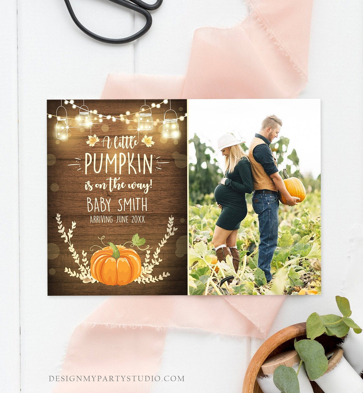 Editable Pumpkin Pregnancy Announcement Little Pumpkin On The Way Fall Wood Autumn Baby Arriving Download Corjl Template Printable 0015