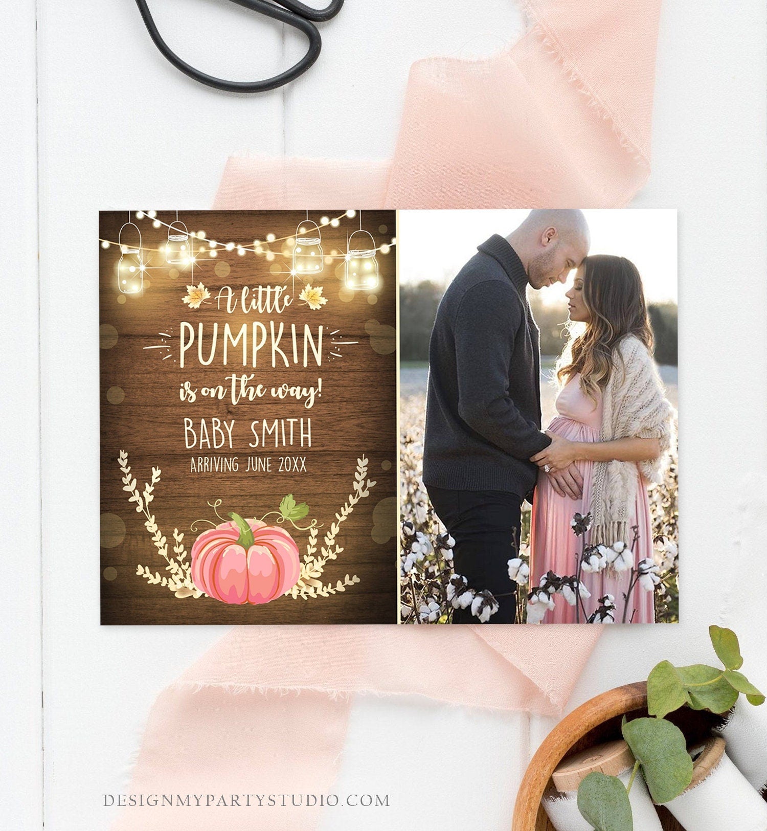 Editable Pumpkin Pregnancy Announcement Little Pumpkin On The Way Fall Wood Autumn Baby Girl Pink Arriving Corjl Template Printable 0015