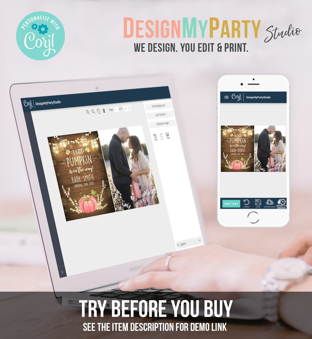 Editable Pumpkin Pregnancy Announcement Little Pumpkin On The Way Fall Wood Autumn Baby Girl Pink Arriving Corjl Template Printable 0015