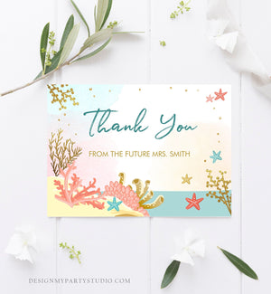 Editable Beach Themed Bridal Shower Thank You Card Nautical Thank You Note Summer Starfish Coral Gold Printable Template Download Corjl 0129