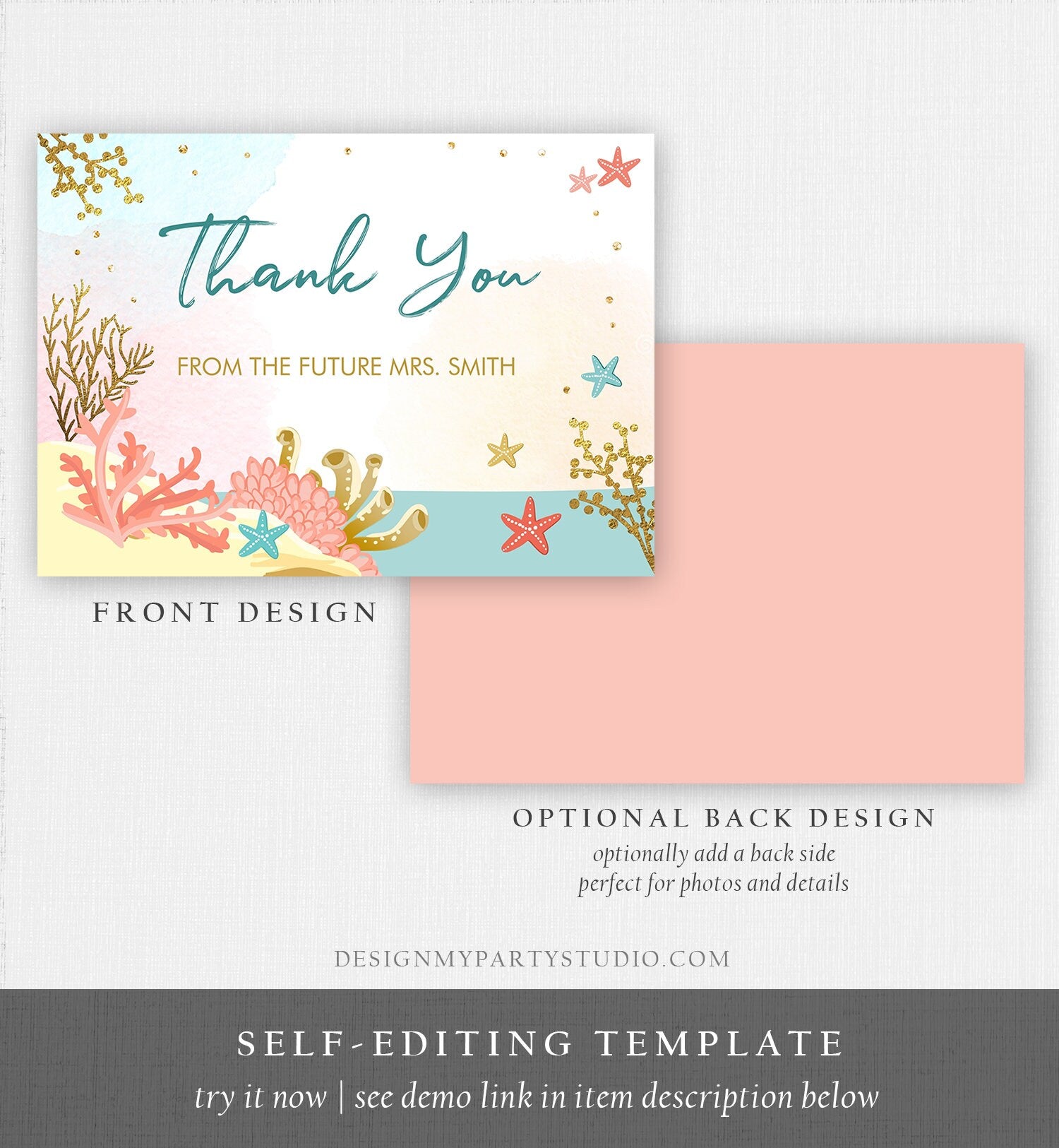 Editable Beach Themed Bridal Shower Thank You Card Nautical Thank You Note Summer Starfish Coral Gold Printable Template Download Corjl 0129