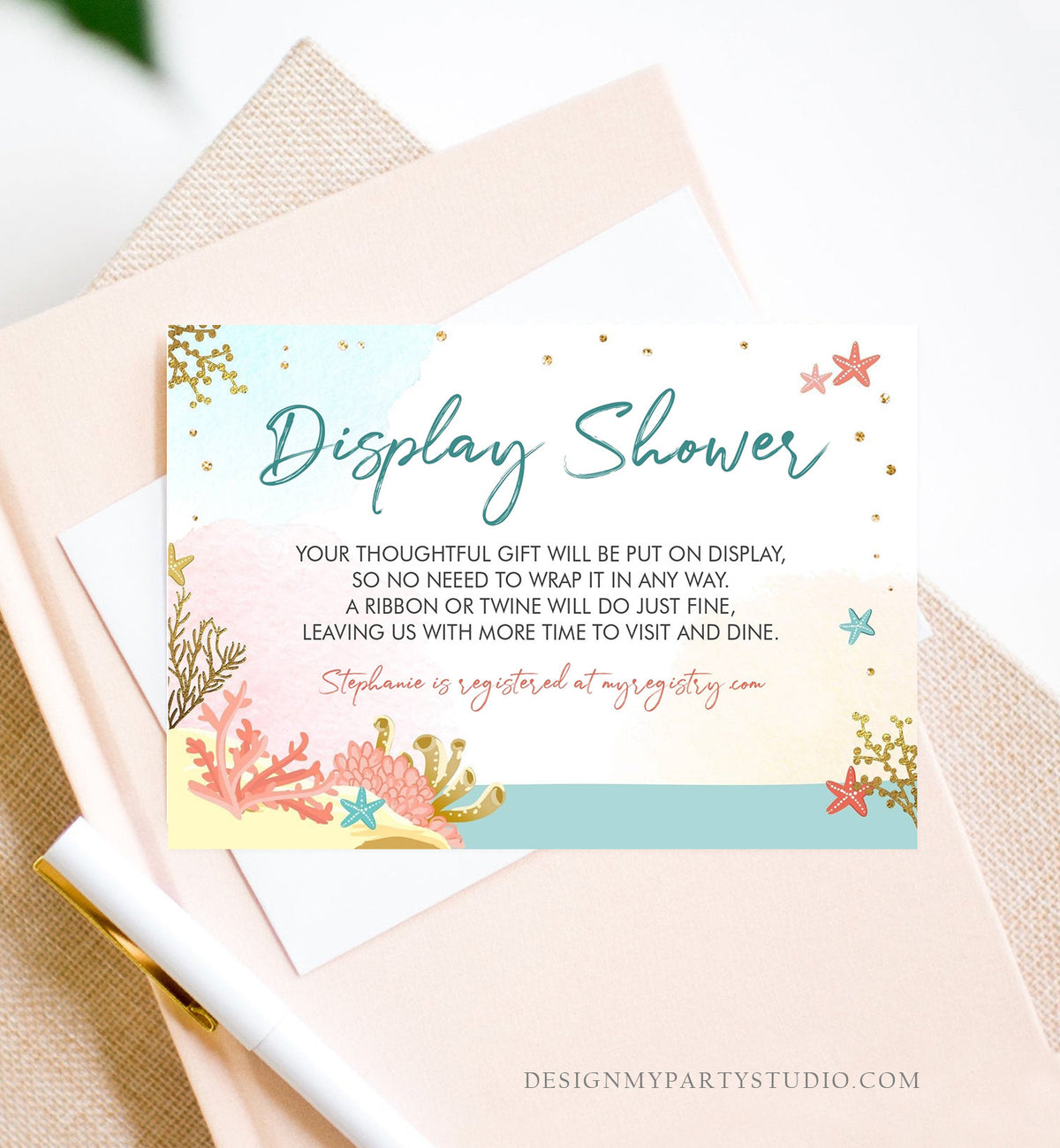 Editable Beach Themed Insert Card Bridal Shower Starfish Nautical Coral Gold Baby Shower Display Shower Cards Template PRINTABLE Corjl 0129