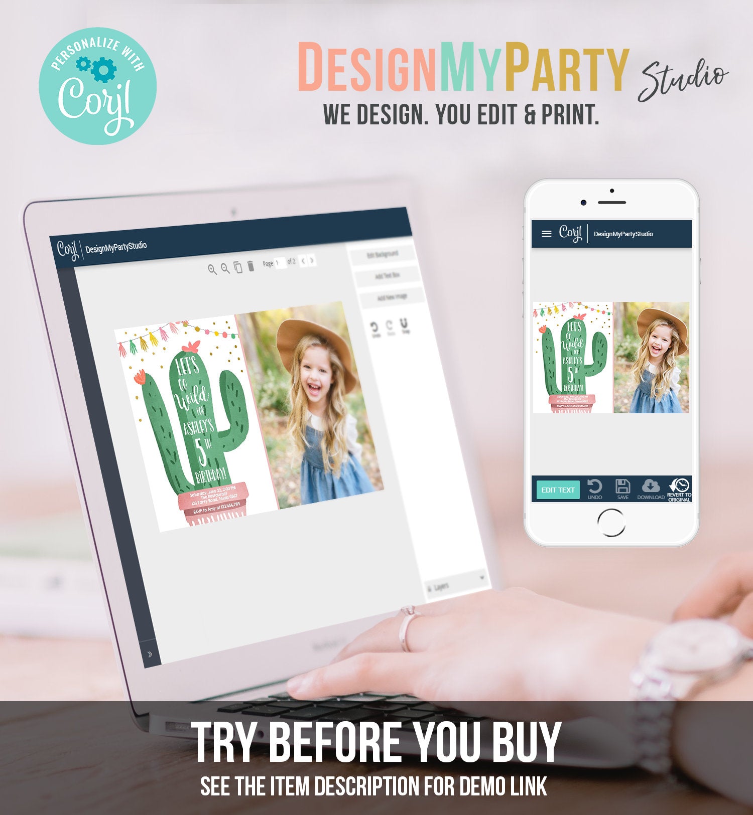 Editable Cactus Fiesta Birthday Invitation Pink Girl First Birthday Succulent 1st Mexican Fiesta and Fun Corjl Template Printable 0255