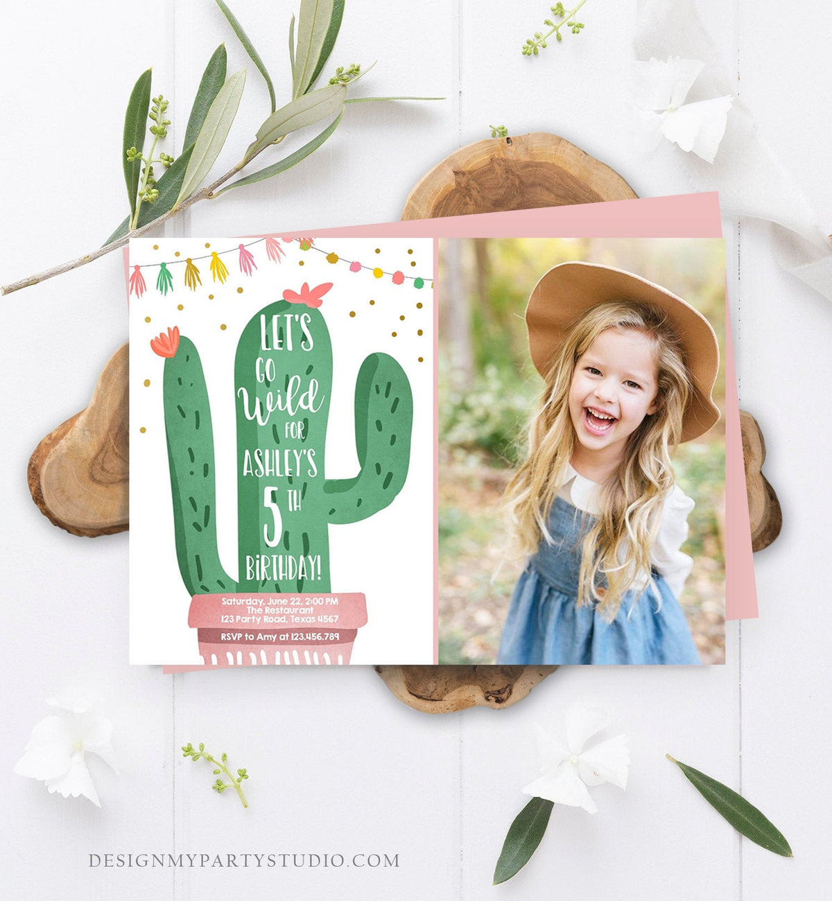 Editable Cactus Fiesta Birthday Invitation Pink Girl First Birthday Succulent 1st Mexican Fiesta and Fun Corjl Template Printable 0255